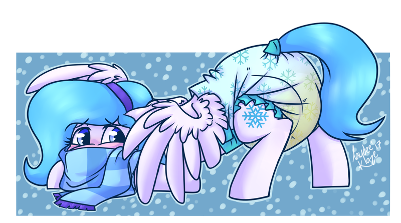 Size: 1200x667 | Tagged: artist:laydeekaze, blushing, clothes, cute, derpibooru import, diaper, diaper fetish, fetish, headband, oc, ocbetes, oc:snow-wing, poofy diaper, questionable, scarf, shy, solo, unofficial characters only, urine, wet diaper