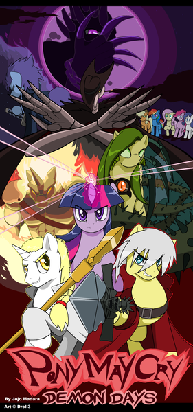 Size: 918x1963 | Tagged: applejack, artist:droll3, crossover, dante (devil may cry), derpibooru import, devil may cry, devil may cry 3, fanfic, fanfic art, fanfic cover, fluttershy, katana, mane six, pinkie pie, rainbow dash, rarity, rebellion (devil may cry), semi-grimdark, sword, twilight sparkle, vergil (devil may cry), weapon, yamato (devil may cry)