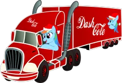 Size: 5000x3380 | Tagged: safe, artist:deyrasd, derpibooru import, rainbow dash, pegasus, pony, christmas, coca-cola, female, hat, high res, holiday, mare, santa hat, semi truck, simple background, solo, transparent background, truck, vector