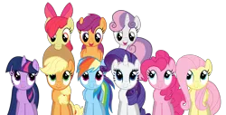 Size: 7069x3581 | Tagged: safe, artist:ramseybrony17, derpibooru import, apple bloom, applejack, fluttershy, pinkie pie, rainbow dash, rarity, scootaloo, sweetie belle, twilight sparkle, twilight sparkle (alicorn), alicorn, earth pony, pegasus, pony, unicorn, absurd resolution, cutie mark crusaders, female, filly, folded wings, high res, mane six, mare, simple background, transparent background, vector