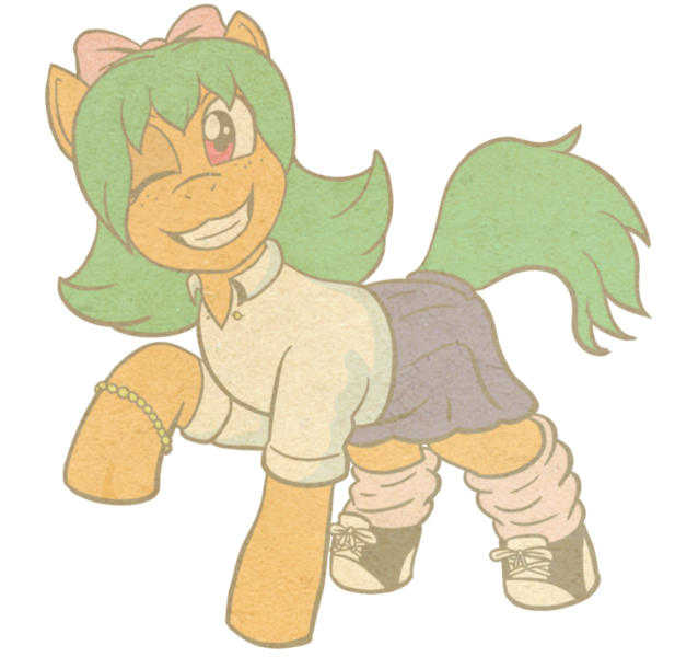 Size: 1233x1200 | Tagged: safe, artist:regularmouseboy, derpibooru import, oc, oc:pumpkin pudding pie, unofficial characters only, earth pony, pony, 2018 community collab, derpibooru community collaboration, 20th century, bobby soxer, bow, bracelet, clothes, converse, freckles, jewelry, one eye closed, raised hoof, shirt, shoes, simple background, skirt, smiling, socks, transparent background, vintage, wink