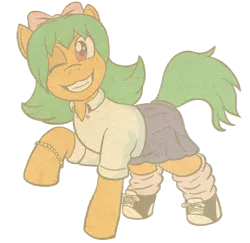 Size: 1233x1200 | Tagged: safe, artist:regularmouseboy, derpibooru import, oc, oc:pumpkin pudding pie, unofficial characters only, earth pony, pony, 2018 community collab, derpibooru community collaboration, 20th century, bobby soxer, bow, bracelet, clothes, converse, freckles, jewelry, one eye closed, raised hoof, shirt, shoes, simple background, skirt, smiling, socks, transparent background, vintage, wink