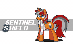 Size: 900x548 | Tagged: safe, artist:panyang-panyang, derpibooru import, oc, oc:sentinel shield, unofficial characters only, unicorn, animated, barrier, blinking, clothes, commission, gif, glasses, head turn, loop, magic, male, name, one eye closed, pixel art, popping, scarf, shield, shining, simple background, solo, sparkles, stallion, white background, wink