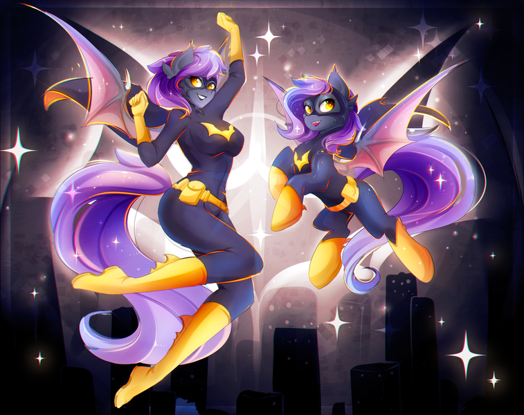 Size: 3200x2538 | Tagged: safe, artist:koveliana, derpibooru import, oc, oc:dawn sentry, unofficial characters only, anthro, bat pony, plantigrade anthro, pony, anthro oc, anthro ponidox, anthro with ponies, bat pony oc, batgirl, chromatic aberration, clothes, costume, female, flying, mare, self ponidox, smiling