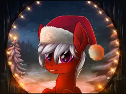 Size: 1548x1153 | Tagged: safe, artist:atlas-66, derpibooru import, oc, unofficial characters only, pony, christmas, female, hat, holiday, looking at you, mare, night, pine tree, santa hat, smiling, snow, solo, starry night, stars, tree