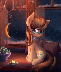 Size: 1562x1848 | Tagged: safe, artist:atlas-66, derpibooru import, oc, oc:dawnsong, unofficial characters only, earth pony, pony, banana, choker, female, food, glasses, mare, music notes, sitting, snow, snowfall, solo, table, window