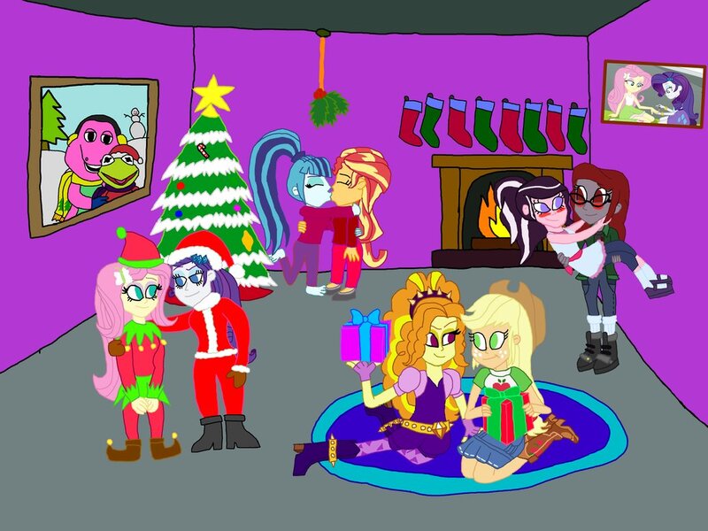 Size: 1032x774 | Tagged: safe, artist:bigpurplemuppet99, derpibooru import, adagio dazzle, applejack, fluttershy, rarity, sonata dusk, sunset shimmer, oc, oc:curse word, oc:magpie, equestria girls, barney the dinosaur, christmas, christmas tree, clothes, dazzlejack, female, fireplace, flarity, hat, holiday, kermit the frog, kissing, lesbian, santa hat, shipping, socks, sunata, tree