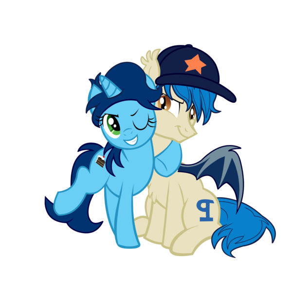 Size: 1400x1400 | Tagged: safe, artist:succubi samus, derpibooru import, oc, oc:moonshot, oc:sweet cakes, unofficial characters only, bat pony, unicorn, 2018 community collab, derpibooru community collaboration, bat pony oc, cap, female, hat, hug, husband and wife, male, married couple, one eye closed, shipping, side hug, simple background, sweetshot, transparent background, wink