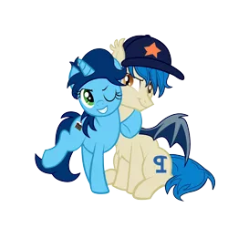 Size: 1400x1400 | Tagged: safe, artist:succubi samus, derpibooru import, oc, oc:moonshot, oc:sweet cakes, unofficial characters only, bat pony, unicorn, 2018 community collab, derpibooru community collaboration, bat pony oc, cap, female, hat, hug, husband and wife, male, married couple, one eye closed, shipping, side hug, simple background, sweetshot, transparent background, wink