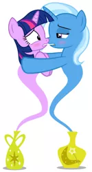 Size: 243x452 | Tagged: about to kiss, artist:navitaserussirus, asktwixiegenies, blushing, blush sticker, derpibooru import, female, genie, geniefied, lesbian, safe, shipping, simple background, trixie, twilight sparkle, twixie, white background