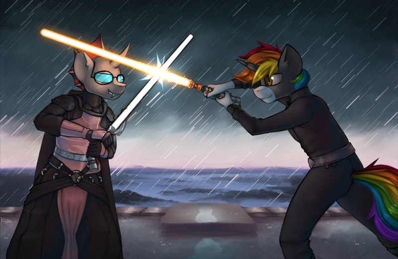 Size: 2963x1931 | Tagged: anthro, artist:marsminer, derpibooru import, fight, glasses, lightsaber, oc, oc:cloudburst, oc:rainbow heart, rain, rainbow hair, safe, star wars, unofficial characters only, weapon