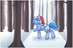 Size: 3030x2030 | Tagged: safe, artist:youwannaslap, derpibooru import, oc, oc:falling skies, unofficial characters only, pegasus, pony, christmas, cute, female, forest, freckles, happy, hat, holiday, mare, outdoors, santa hat, snow, snowfall, solo, winter