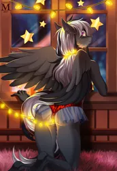 Size: 894x1300 | Tagged: anthro, anthro oc, artist:margony, ass, christmas, christmas lights, clothes, commission, derpibooru import, ear fluff, female, holiday, kneeling, looking at you, looking back, looking back at you, mare, oc, pegasus, rear view, smiling, solo, solo female, suggestive, underhoof, unguligrade anthro, unofficial characters only, window, ych result