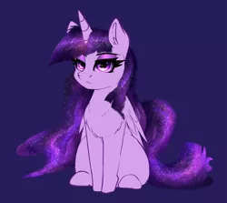 Size: 3739x3338 | Tagged: safe, artist:duop-qoub, derpibooru import, twilight sparkle, twilight sparkle (alicorn), alicorn, pony, descended twilight, chest fluff, ethereal mane, female, fluffy, folded wings, looking at you, mare, purple background, simple background, sitting, solo, twilight is not amused, unamused