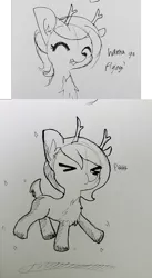 Size: 1141x2076 | Tagged: safe, artist:tjpones, derpibooru import, oc, unofficial characters only, deer, reindeer, chest fluff, comic, deer magic, dialogue, ear fluff, eyes closed, female, grayscale, levitation, lineart, magic, monochrome, pfft, scrunchy face, self-levitation, smiling, solo, sparkles, telekinesis, traditional art