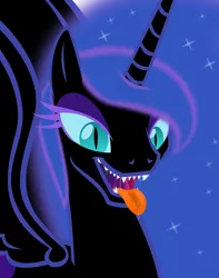 Size: 5144x6538 | Tagged: safe, alternate version, artist:emu34b, derpibooru import, nightmare moon, alicorn, absurd resolution, bioluminescent, drool, female, kitchen eyes, mare, mawshot, missing accessory, open mouth, sharp teeth, simple background, solo, teeth, tongue out, transparent background, vector