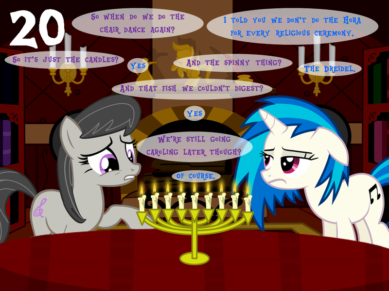 Size: 1024x768 | Tagged: safe, artist:bronybyexception, derpibooru import, octavia melody, vinyl scratch, earth pony, pony, unicorn, advent calendar, christmas, female, hanukkah, hebrew, holiday, jew, jewnicorn, judaism, mare, menorah, yamaka