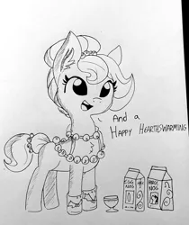 Size: 1214x1447 | Tagged: safe, artist:tjpones, derpibooru import, oc, oc:brownie bun, unofficial characters only, earth pony, pony, horse wife, bells, belly button, chest fluff, dialogue, eggnog, female, grayscale, hearth's warming, horse nog, lineart, mare, monochrome, smiling, solo, traditional art