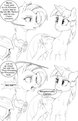 Size: 1980x3060 | Tagged: safe, artist:silfoe, derpibooru import, twilight sparkle, twilight sparkle (alicorn), oc, oc:captain vulpa, alicorn, bat pony, pony, royal sketchbook, bat pony oc, black and white, comic, dialogue, duo, female, grayscale, guard, lineart, mare, monochrome, night guard, shocked, simple background, speech bubble, white background