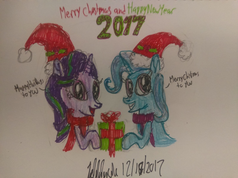 Size: 3264x2448 | Tagged: safe, artist:johng15, derpibooru import, starlight glimmer, trixie, 2017, christmas, clothes, female, hat, holiday, lesbian, santa hat, scarf, shipping, startrix, traditional art