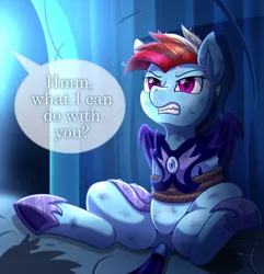 Size: 1447x1500 | Tagged: safe, artist:vavacung, derpibooru import, rainbow dash, pony, alternate timeline, angry, armor, bondage, bruised, castle of the royal pony sisters, cross-popping veins, dialogue, dock, featureless crotch, female, grammar error, gritted teeth, mare, night guard dash, nightmare takeover timeline, offscreen character, patreon, patreon reward, rope, ropes, solo focus, speech bubble, tail wrap, tied up, underhoof