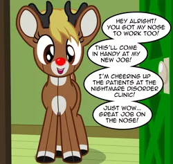 Size: 2532x2398 | Tagged: safe, artist:badumsquish, derpibooru import, oc, oc:deerponebot, unofficial characters only, deer, deer pony, hybrid, original species, pony, robot, robot pony, christmas, dark comedy, dialogue, door, glowing nose, happy, holiday, house, impending disaster, male, red nose, rudolph the red nosed reindeer, shoddy workmanship, solo, talking to viewer, this will end in nightmares, this will end in tears, this will not end well, two-tone coat, what could possibly go wrong, wires