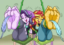 Size: 3507x2481 | Tagged: suggestive, artist:art-2u, derpibooru import, starlight glimmer, sunset shimmer, equestria girls, arm behind back, ass, barefoot, beanie, bondage, bunset shimmer, butt, chair, clothes, eyes closed, feather, feet, female, females only, femsub, fetish, foot fetish, foot focus, glimmer glutes, hat, laughing, open mouth, sitting, soles, sublight glimmer, submissive, subset, tickle fetish, tickling, underass