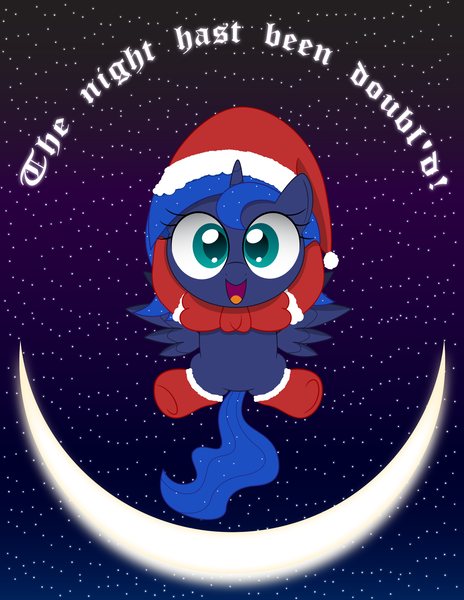 Size: 1600x2071 | Tagged: artist:spellboundcanvas, blackletter, bow, christmas, crescent moon, cute, derpibooru import, hat, holiday, lunabetes, moon, night, princess luna, safe, santa hat, starry night, stars, transparent moon, winter solstice