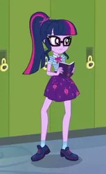 Size: 321x523 | Tagged: safe, derpibooru import, screencap, sci-twi, twilight sparkle, best trends forever, equestria girls, equestria girls series, best trends forever: twilight sparkle, book, choose twilight sparkle, clothes, cropped, female, geode of telekinesis, glasses, legs, magical geodes, ponytail, shoes, skirt, socks