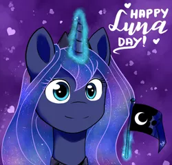 Size: 960x921 | Tagged: safe, artist:princesketchy, derpibooru import, princess luna, alicorn, pony, bust, female, flag, glowing horn, heart, levitation, magic, mare, portrait, smiling, solo, telekinesis, winter solstice