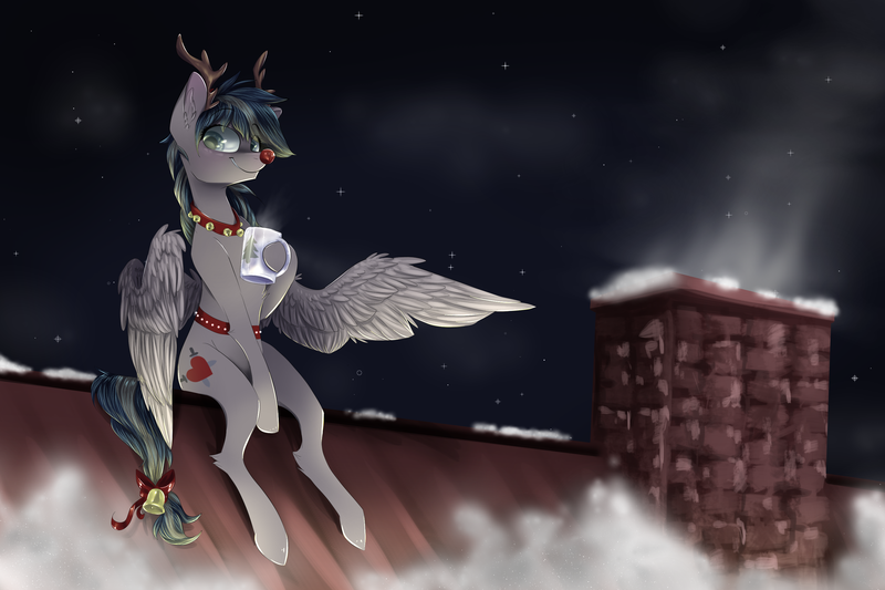 Size: 3000x2000 | Tagged: safe, artist:wacky-skiff, derpibooru import, oc, oc:updraft, unofficial characters only, pony, animal costume, antlers, bells, blue eyes, chimney, christmas, clothes, costume, cutie mark, female, holiday, mare, mug, multicolored hair, night, red nose, reindeer antlers, reindeer costume, rooftop, sitting, snow, stars, wings