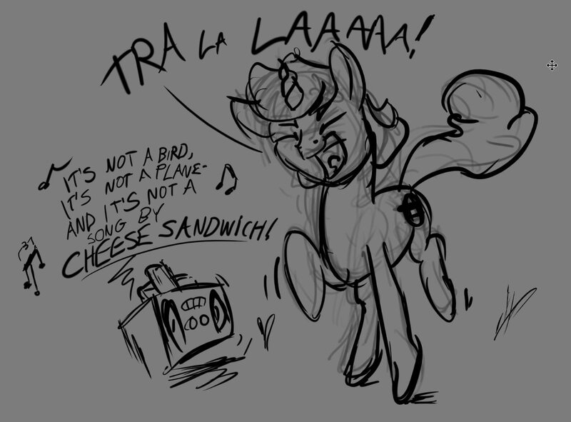 Size: 1200x887 | Tagged: safe, artist:snapai, derpibooru import, oc, oc:avery, unofficial characters only, pony, unicorn, boombox, captain underpants, dancing, dialogue, eyes closed, gray background, grayscale, implied cheese sandwich, monochrome, music, music notes, open mouth, simple background, sketch, solo, tra la la