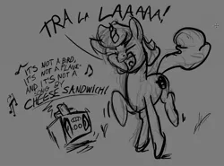 Size: 1200x887 | Tagged: safe, artist:snapai, derpibooru import, oc, oc:avery, unofficial characters only, pony, unicorn, boombox, captain underpants, dancing, dialogue, eyes closed, gray background, grayscale, implied cheese sandwich, monochrome, music, music notes, open mouth, simple background, sketch, solo, tra la la