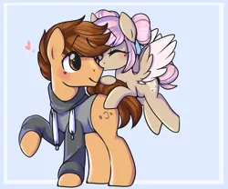 Size: 3000x2500 | Tagged: safe, artist:mimisaurusrex, derpibooru import, oc, oc:bootman bill, oc:mimi bun, unofficial characters only, earth pony, pegasus, pony, blushing, clothes, colored wings, colored wingtips, couple, eyes closed, female, floating heart, flying, hair bun, heart, hoodie, kissing, male, mare, ribbon, shipping, size difference, smiling, stallion