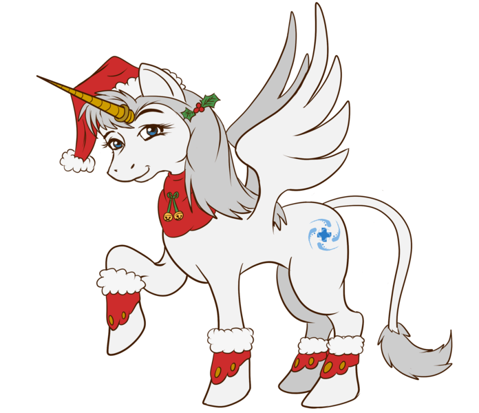 Size: 2481x2140 | Tagged: safe, derpibooru import, oc, oc:white platinum, unofficial characters only, alicorn, classical unicorn, unicorn, 2018 community collab, derpibooru community collaboration, alicorn oc, bells, christmas, clothes, cloven hooves, costume, hat, holiday, holly, leonine tail, raised hoof, ring, santa costume, santa hat, simple background, smiling, solo, transparent background, unshorn fetlocks