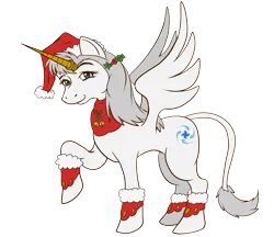 Size: 2481x2140 | Tagged: safe, derpibooru import, oc, oc:white platinum, unofficial characters only, alicorn, classical unicorn, unicorn, 2018 community collab, derpibooru community collaboration, alicorn oc, bells, christmas, clothes, cloven hooves, costume, hat, holiday, holly, leonine tail, raised hoof, ring, santa costume, santa hat, simple background, smiling, solo, transparent background, unshorn fetlocks