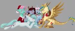 Size: 1718x710 | Tagged: safe, artist:chibadeer, derpibooru import, oc, oc:autumn rhapsody, oc:ileana, oc:steppe eagle, unofficial characters only, dracony, earth pony, hybrid, kirin, pony, unicorn, candy, candy cane, christmas, food, gray background, hat, holiday, santa hat, simple background