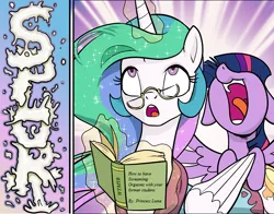 Size: 700x550 | Tagged: ahegao, alicorn, and that's how alicorns are made, artist:pencils, book, comic edit, derpibooru import, edit, edited edit, editor:fuedra, eyes rolling back, glasses, implied sex, improved version, massage, open mouth, pleasure, princess celestia, sex, splurt, suggestive, surprise buttsex, surprise sex, that pony sure does love books, that pony sure does love celestia, that's no eclair, twilight sparkle, twilight sparkle (alicorn)