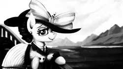 Size: 2000x1125 | Tagged: artist:blackligerth, black and white, clothes, costume, derpibooru import, editor:eagle1division, grayscale, hat, monochrome, ocean, old photo, old timey, ppov, raristocrat, rarity, rose dewitt bukater, safe, solo, titanic