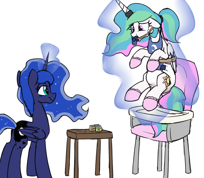 Size: 1600x1400 | Tagged: questionable, artist:skitter, derpibooru import, princess celestia, princess luna, alicorn, pony, baby food, bib, bondage, booties, bound wings, diaper, diaper bondage, diaper fetish, fetish, gag, highchair, horn ring, levitation, magic, magic suppression, messy diaper, pacifier, pacifier gag, ponytail, poop, poopy diaper, telekinesis