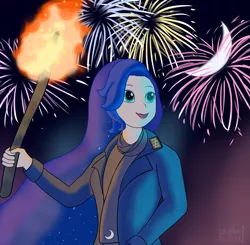 Size: 2041x2000 | Tagged: artist:phallen1, clothes, derpibooru import, duran duran, fire, fireworks, human, humanized, jacket, luna day, moon, music video reference, new moon on monday, princess luna, safe, scarf, solo, song reference, torch