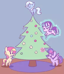 Size: 1375x1584 | Tagged: safe, artist:typhwosion, derpibooru import, starlight glimmer, sunset shimmer, trixie, twilight sparkle, twilight sparkle (alicorn), alicorn, pony, unicorn, bipedal, bipedal leaning, chibi, christmas, christmas tree, counterparts, cute, decorating, diatrixes, female, glimmerbetes, glowing horn, holiday, leaning, levitation, magic, mare, shimmerbetes, spread wings, telekinesis, tree, twiabetes, twilight's counterparts, wings