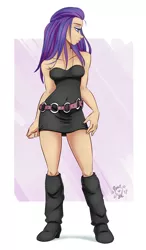 Size: 1200x2050 | Tagged: alternate hairstyle, artist:ponut_joe, beautiful, boots, clothes, derpibooru import, dress, female, high heel boots, human, humanized, knee-high boots, looking away, minidress, miniskirt, rarity, safe, shoes, skirt, solo, strapless, thighs