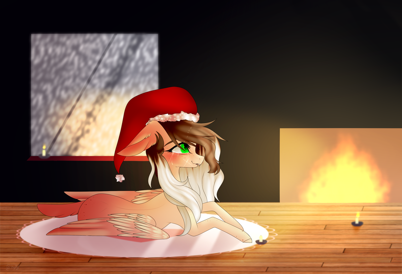 Size: 2827x1929 | Tagged: safe, artist:hyshyy, derpibooru import, oc, unofficial characters only, pegasus, pony, candle, christmas, female, fireplace, hat, holiday, mare, prone, santa hat, solo