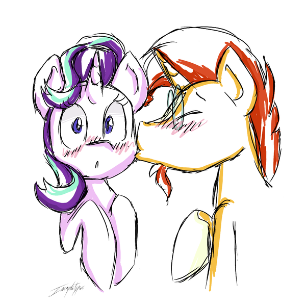 Size: 1168x1168 | Tagged: safe, artist:imaplatypus, derpibooru import, starlight glimmer, sunburst, pony, unicorn, blushing, cute, eyes closed, female, glimmerbetes, kissing, male, mare, shipping, sketch, smooch, stallion, starburst, straight, surprise kiss, surprised