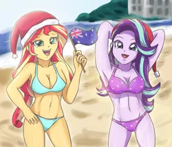 Size: 4133x3543 | Tagged: suggestive, artist:sumin6301, derpibooru import, starlight glimmer, sunset shimmer, equestria girls, arm behind head, armpits, australia, australian flag, beach, belly button, bikini, breasts, busty starlight glimmer, busty sunset shimmer, christmas, cleavage, clothes, duo, duo female, eyeshadow, female, flag, flag waving, hat, holiday, looking at you, makeup, santa hat, sexy, smiling, swimsuit, underass