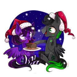 Size: 800x800 | Tagged: safe, artist:ipun, derpibooru import, oc, oc:spytrix blackwing, oc:zero e. midara, unofficial characters only, pegasus, pony, cake, christmas, clothes, female, food, hat, heart eyes, holiday, male, mare, santa hat, simple background, sitting, socks, stallion, starry eyes, striped socks, transparent background, watermark, wingding eyes