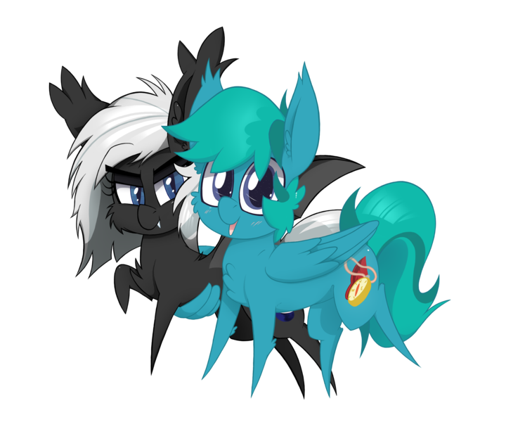 Size: 2400x2000 | Tagged: safe, artist:dragonpone, derpibooru import, oc, oc:compass rose, oc:stargazer, unofficial characters only, bat pony, pegasus, pony, 2018 community collab, derpibooru community collaboration, cheek fluff, chest fluff, duo, ear fluff, fangs, female, hug, lidded eyes, looking at you, male, mare, open mouth, raised hoof, simple background, smiling, spread wings, stallion, transparent background, winghug, wings