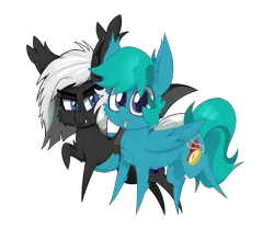 Size: 2400x2000 | Tagged: safe, artist:dragonpone, derpibooru import, oc, oc:compass rose, oc:stargazer, unofficial characters only, bat pony, pegasus, pony, 2018 community collab, derpibooru community collaboration, cheek fluff, chest fluff, duo, ear fluff, fangs, female, hug, lidded eyes, looking at you, male, mare, open mouth, raised hoof, simple background, smiling, spread wings, stallion, transparent background, winghug, wings
