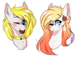 Size: 2000x1600 | Tagged: safe, artist:skimea, derpibooru import, oc, oc:cadent light, oc:ember, unofficial characters only, pegasus, pony, blonde, bust, cookie, female, food, male, mare, mouth hold, one eye closed, portrait, simple background, stallion, transparent background, wink